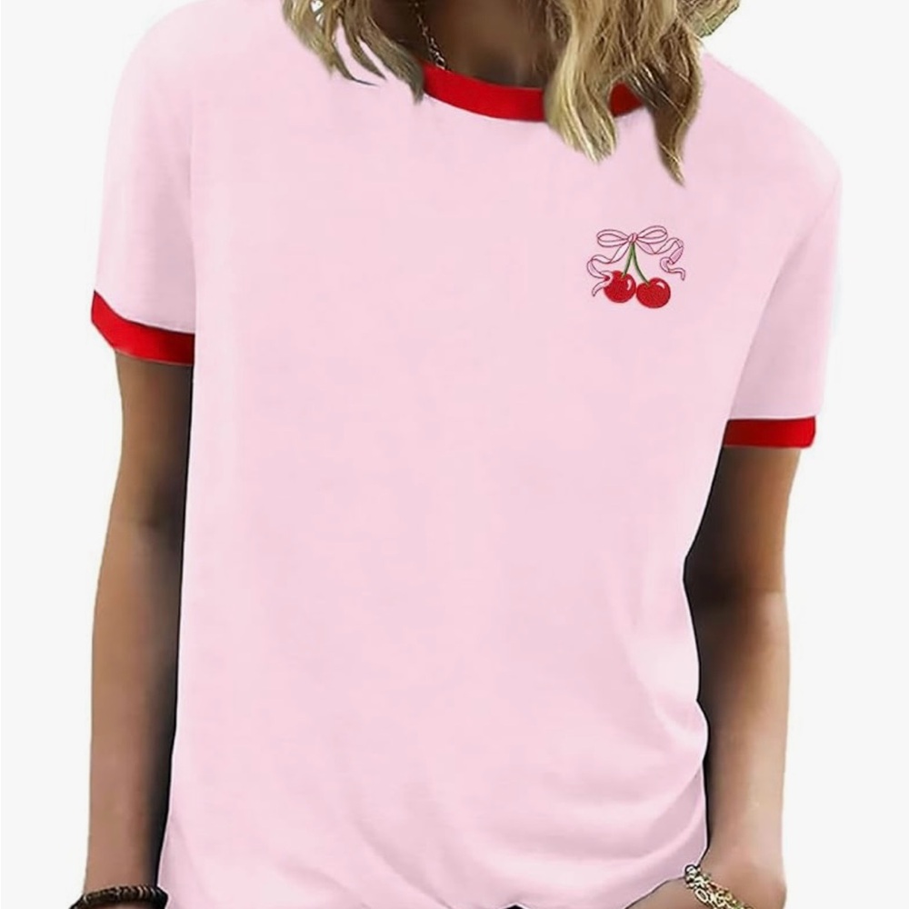 Price Firm. NWOT Pink Red Trimmed Tee with Cherry and Bow, Size Small.
